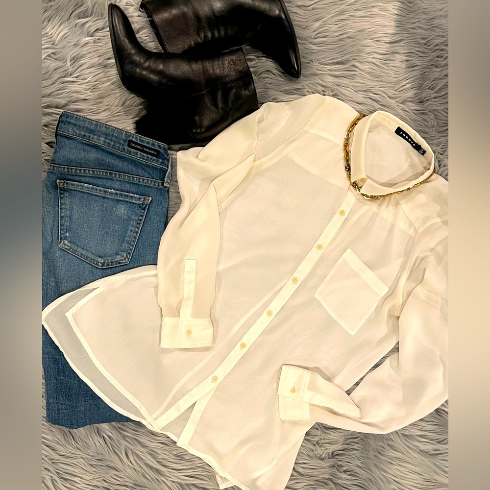 Button Down Shirt | Trouvé Brand | Sheer Fabric | Cream Color | Slim Collar